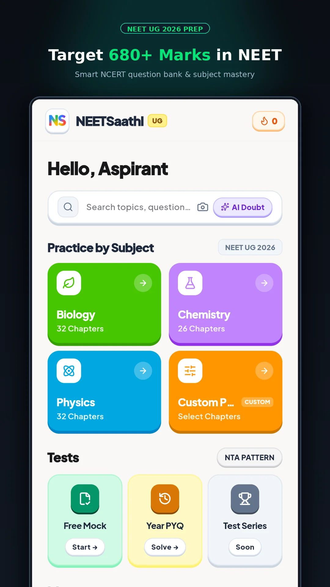 NEETSaathi App Live Home Dashboard